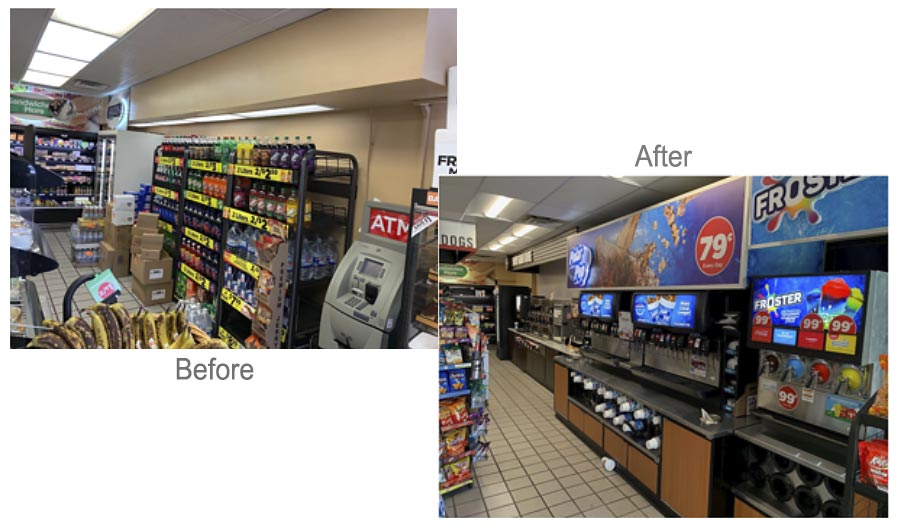 Side-by-side photos of a convenience store: the Before image shows cluttered shelves and boxes, while the After reveals a clean, organized beverage station with turnkey refrigeration solutions and bright signage for an inviting look.